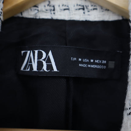 Zara Double Breasted Textured Jacket Ecru Black Tweed Long Sleeve Women's M