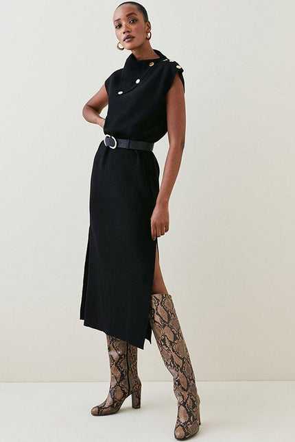 KAREN MILLEN NWT Black Wool Blend Belted Knit Midi Dress Short Sleeve Women's XS