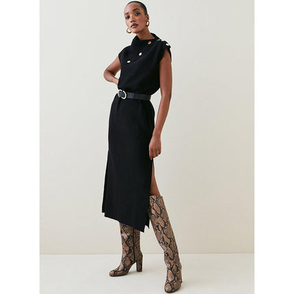 KAREN MILLEN Belted Knit Midi Dress NWT Black Wool Blend Short Sleeve Women's XS