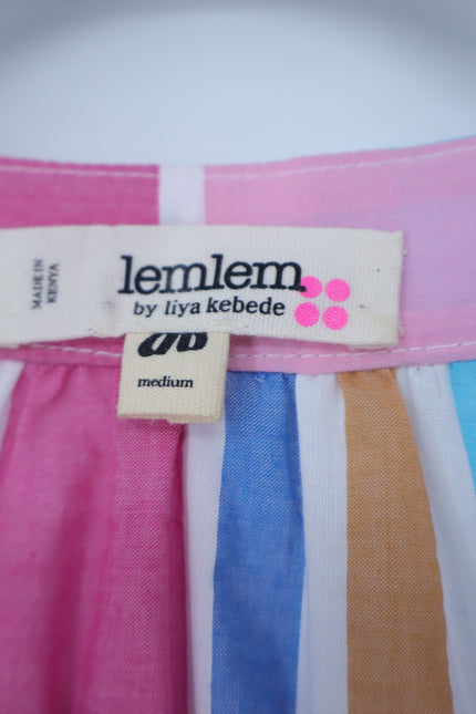 LEMLEM Liya Kebede Tiered Dress Striped Pink Multi Midi Flutter Sleeve Women's M