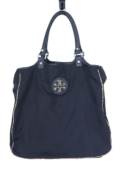 TORY BURCH Black Nylon Tote Bag Reptile Contrast Packable Travel Purse Beachwear