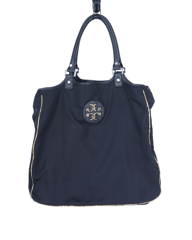 TORY BURCH Black Nylon Tote Bag Reptile Contrast Packable Travel Purse Beachwear