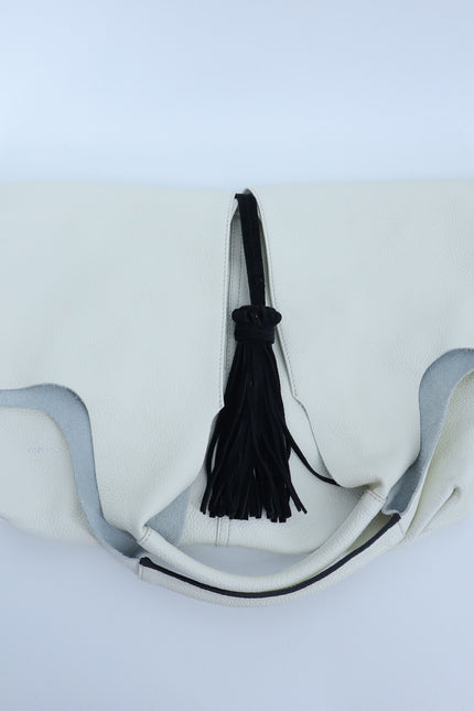 Cromia Kika Hobo Bag Fold Over Ivory Pebble Leather Purse Black Tassel