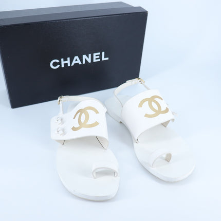 Chanel Interlocking CC Logo Leather Sandal White Slingback Women's 36/US 5.5