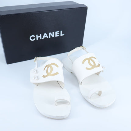 Chanel Interlocking CC Logo Leather Sandal White Slingback Women's 36/US 5.5
