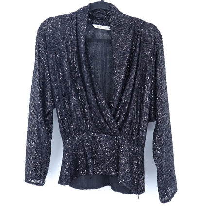 ZARA Draped Sequin Blouse Black Surplice V-Neckline Long Sleeve Women's S