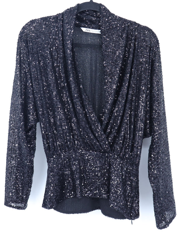 ZARA Draped Sequin Blouse Black Surplice V-Neckline Long Sleeve Women's S