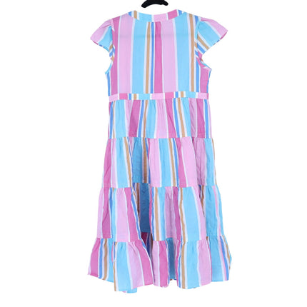 LEMLEM Liya Kebede Tiered Dress Striped Pink Multi Midi Flutter Sleeve Women's M