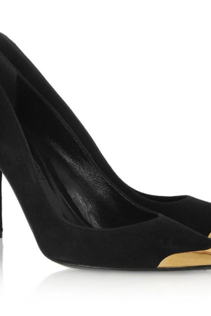 ALEXANDER MCQUEEN Gold Capped Suede Pumps Black Pointed Toe Women's 35.5/US 5.5