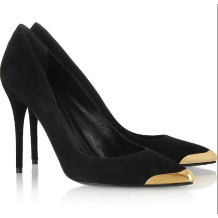 ALEXANDER MCQUEEN Gold Capped Suede Pumps Black Pointed Toe Women's 35.5/US 5.5