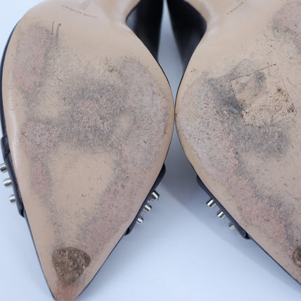 MARION PARKE CZ Studded Pumps Black Leather Pointed Toe Heel Women's 38.5/US 8.5