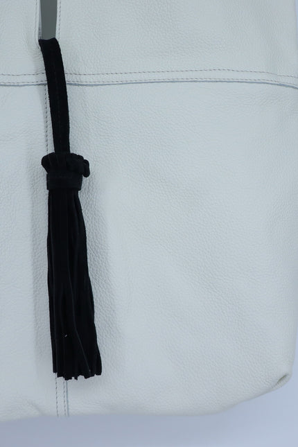 Cromia Kika Hobo Bag Fold Over Ivory Pebble Leather Purse Black Tassel