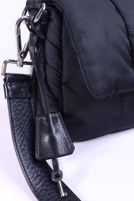PRADA Tessuto Nylon Bomber Sound Bag Black Leather Adjustable Shoulder Strap