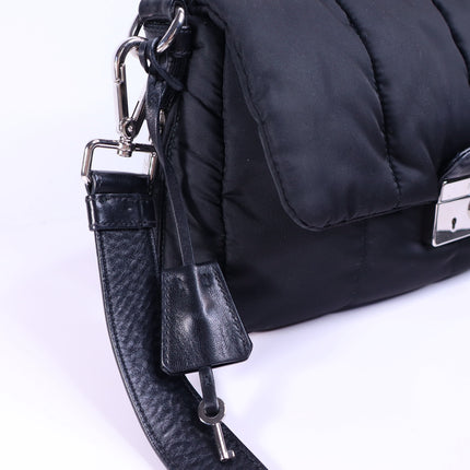 PRADA Tessuto Nylon Bomber Sound Bag Black Leather Adjustable Shoulder Strap