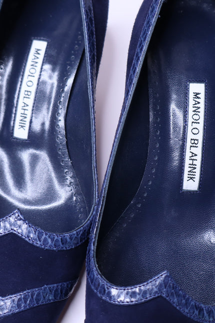 MANOLO BLAHNIK Monda Snake and Suede Pumps Navy Pointed Toe Heel Women's 38