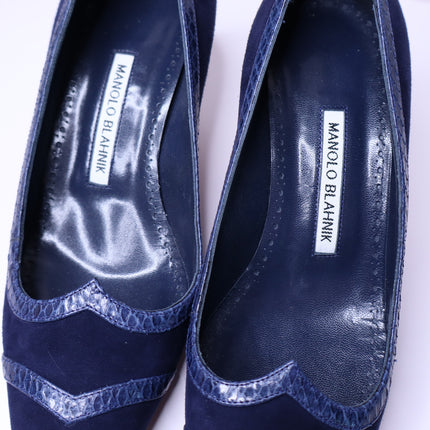 MANOLO BLAHNIK Monda Snake and Suede Pumps Navy Pointed Toe Heel Women's 38