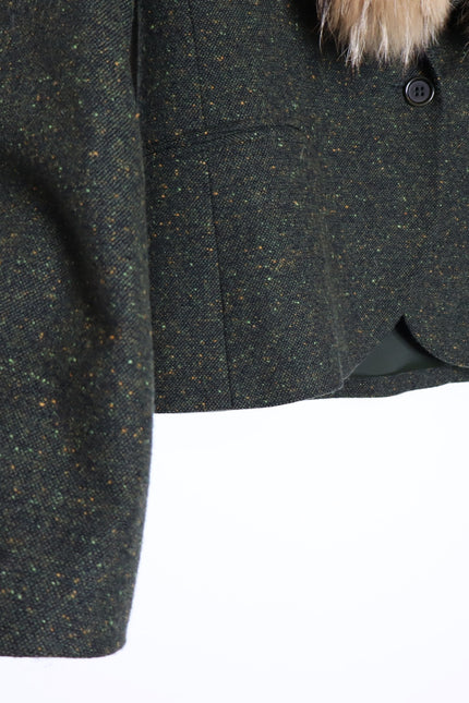 THEORY Tweed Blazer Olive Green Removable Rabbit Fur Collar Jacket Women's 8
