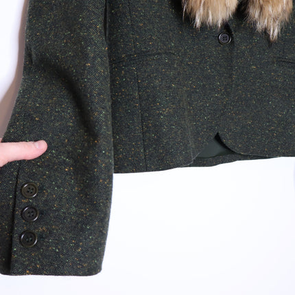 THEORY Tweed Blazer Jacket NWOT Olive Green Removable Rabbit Fur Collar Women's 8