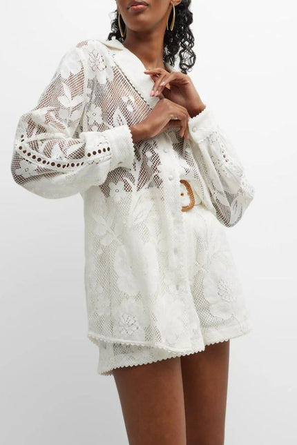 HEMANT & NANDITA Chemical Lace Button Front Shirt White Floral Women's XS