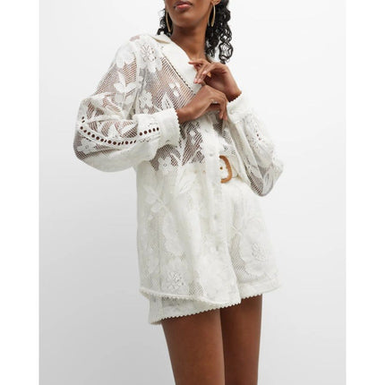 HEMANT & NANDITA Chemical Lace Button Front Shirt White Floral Women's XS