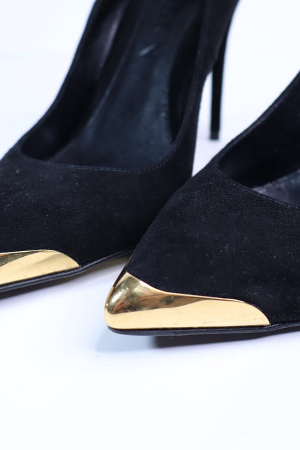 ALEXANDER MCQUEEN Gold Capped Suede Pumps Black Pointed Toe Women's 35.5/US 5.5
