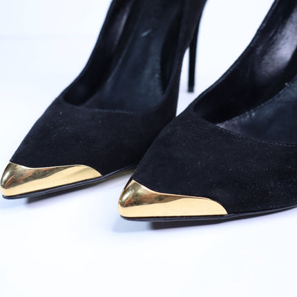 ALEXANDER MCQUEEN Gold Capped Suede Pumps Black Pointed Toe Women's 35.5/US 5.5