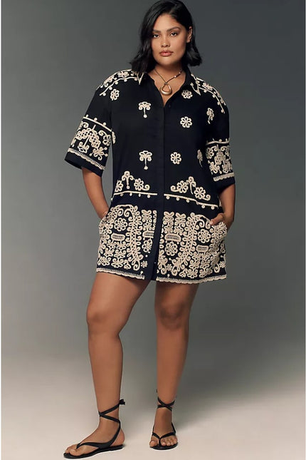 MAEVE Short Sleeve Collared Mini Shirt Dress Black Embroidered Casual Women's XS