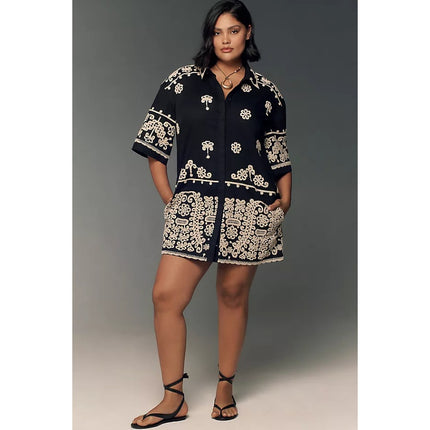 MAEVE Short Sleeve Collared Mini Shirt Dress Black Embroidered Casual Women's XS