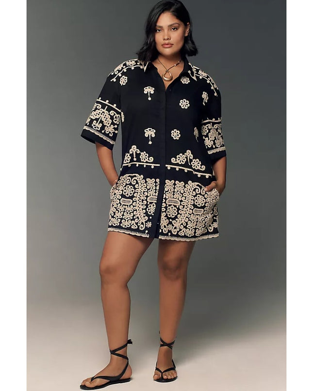 MAEVE Short Sleeve Collared Mini Shirt Dress Black Embroidered Casual Women's XS