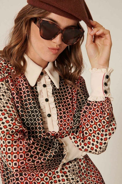 TARA JARMON Reyri Mini Dress Ecru Graphic Print Long Sleeve Women's 42/US L