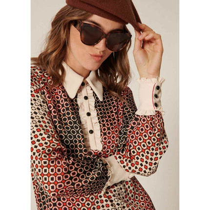TARA JARMON Reyri Mini Dress Ecru Graphic Print Long Sleeve Women's 42/US L