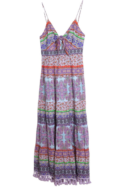 ALICE + OLIVIA Minka Tassel Fringe Maxi Dress Ritzy Multi Tie Front Women's 8