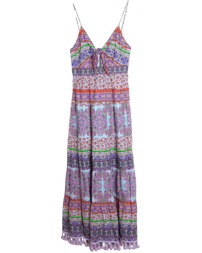 ALICE + OLIVIA Minka Tassel Fringe Maxi Dress Ritzy Multi Tie Front Women's 8