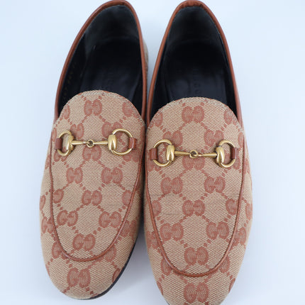 Gucci Jordaan Horsebit Loafers Beige GG Canvas Slip On Women's 35.5/US 5.5