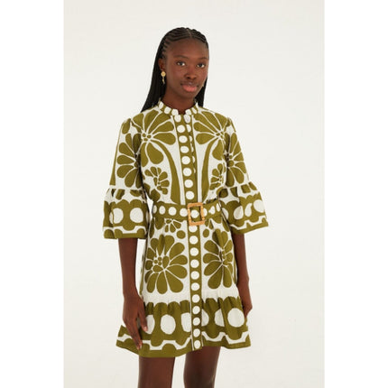 Farm Rio Palermo Belted Mini Dress Green NWT Printed Half Sleeve Women's L