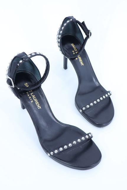 SAINT LAURENT Jane Studded Sandal Black Leather Heels Women's 35.5/US 5.5