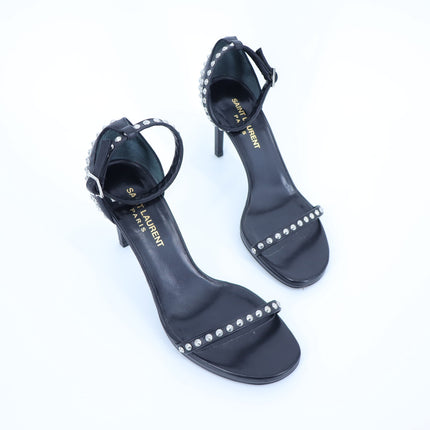SAINT LAURENT Jane Studded Sandal Black Leather Heels Women's 35.5/US 5.5