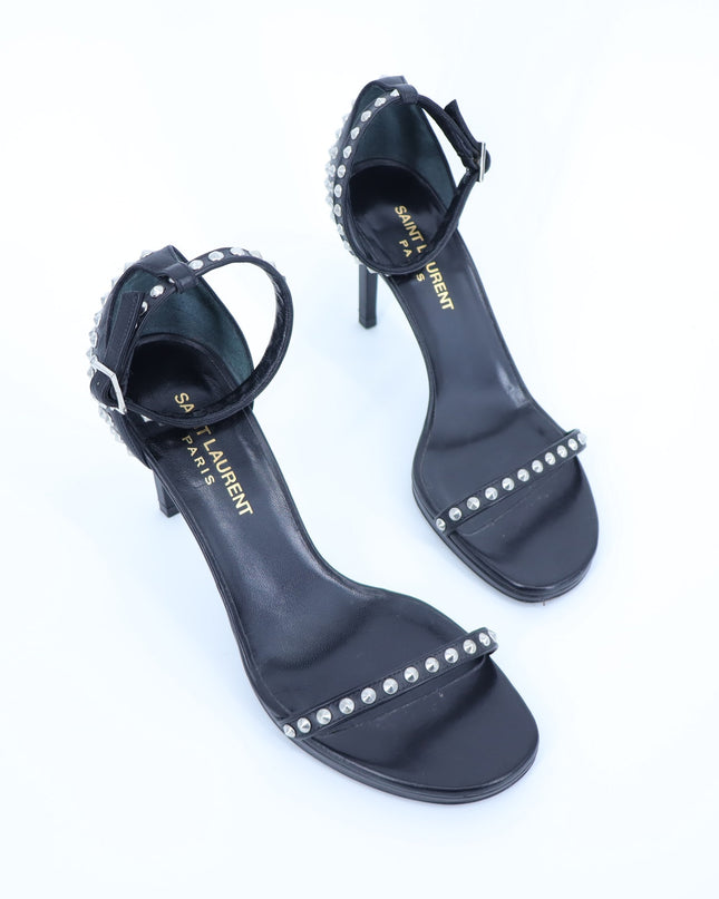 SAINT LAURENT Jane Studded Sandal Black Leather Heels Women's 35.5/US 5.5