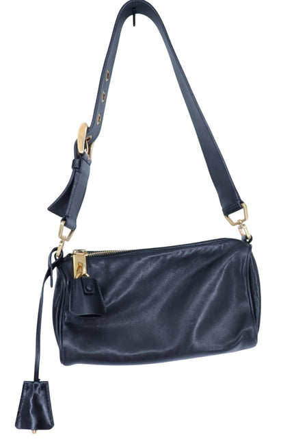 PRADA Semitracolla Leather Mini Shoulder Bag Black w Gold Purse Lockable Luxury