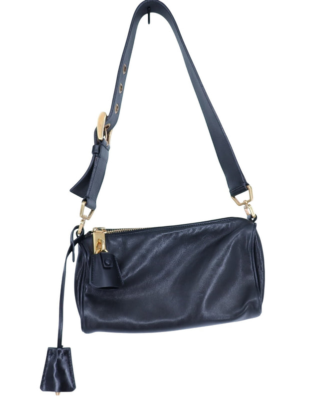 PRADA Semitracolla Leather Mini Shoulder Bag Black w Gold Purse Lockable Luxury
