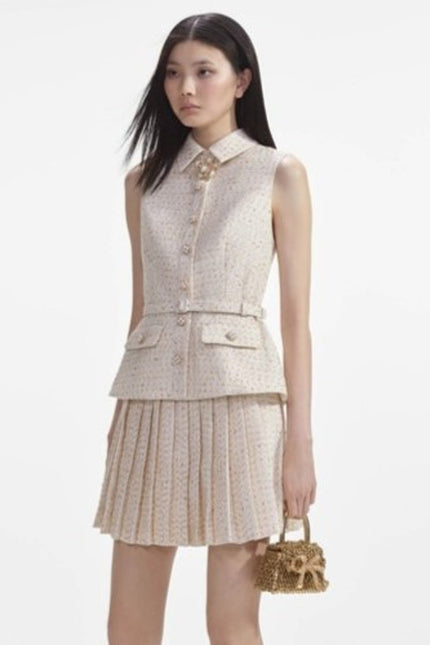 SELF-PORTRAIT Cream Metallic Bouclé Mini Dress Sleeveless Belted Women's 10