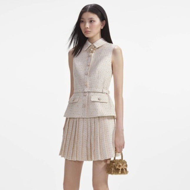 SELF-PORTRAIT Cream Metallic Bouclé Mini Dress Sleeveless Belted Women's 10