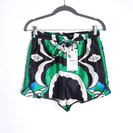 ZARA NWT Printed High Waisted Bermuda Shorts Green Black Pull On Women's S