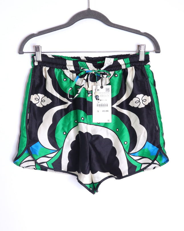 ZARA NWT Printed High Waisted Bermuda Shorts Green Black Pull On Women's S