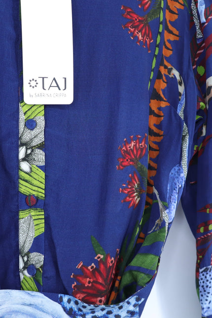 TAJ BY SABRINA Malta Blue Wrap Dress Embroidered Safari Print Women's XS