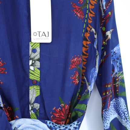 TAJ BY SABRINA Malta Blue Wrap Dress Embroidered Safari Print Women's XS