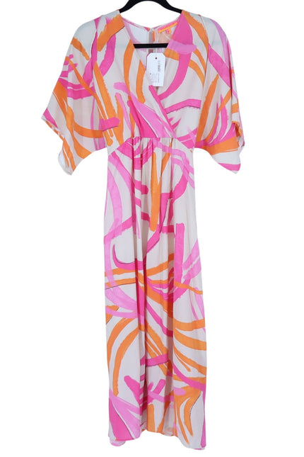 VILAGALLO Ginevra Lucca Print Maxi Dress Pink NWT Kimono Sleeve Women's 40/US 6
