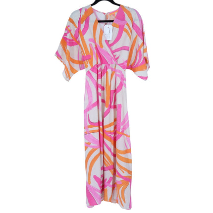 VILAGALLO Ginevra Lucca Print Maxi Dress Pink NWT Kimono Sleeve Women's 40/US 6
