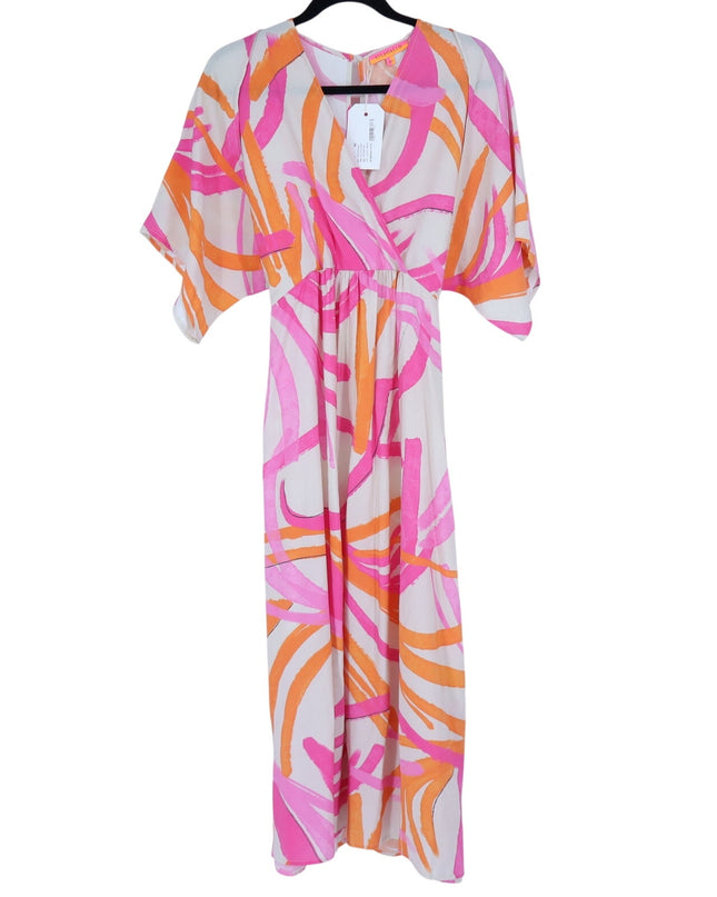 VILAGALLO Ginevra Lucca Print Maxi Dress Pink NWT Kimono Sleeve Women's 40/US 6