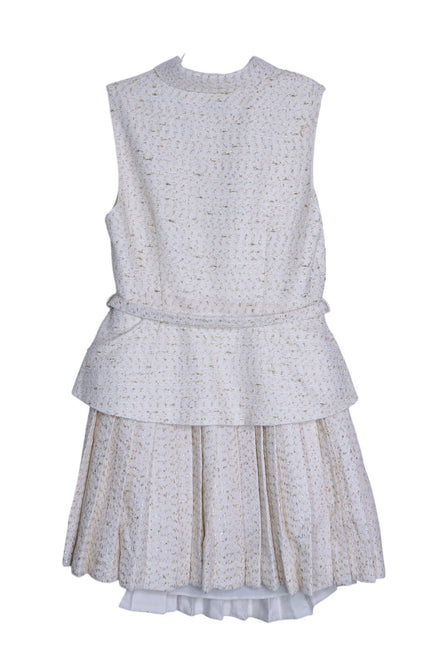 SELF-PORTRAIT Cream Metallic Bouclé Mini Dress Sleeveless Belted Women's 10